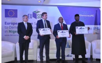 European Union Ambassador to Nigeria and ECOWAS Ketil Karlsen (second from left) and Mahmoud Yakubu, chairman of Nigeria’s Independent National Electoral Commission (fourth from left) at the launch of €26.5M-worth Support to Democratic Governance in Nigeria (EU-SDGN) programme Photo: EU-SDGN