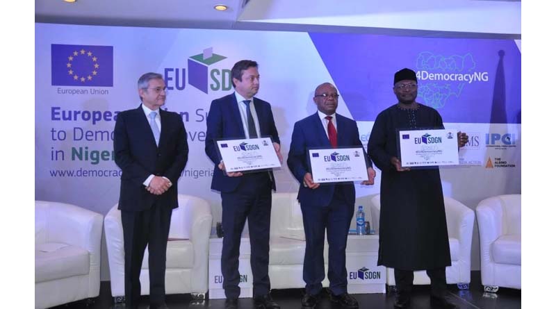 European Union Ambassador to Nigeria and ECOWAS Ketil Karlsen (second from left) and Mahmoud Yakubu, chairman of Nigeria’s Independent National Electoral Commission (fourth from left) at the launch of €26.5M-worth Support to Democratic Governance in Nigeria (EU-SDGN) programme Photo: EU-SDGN 
