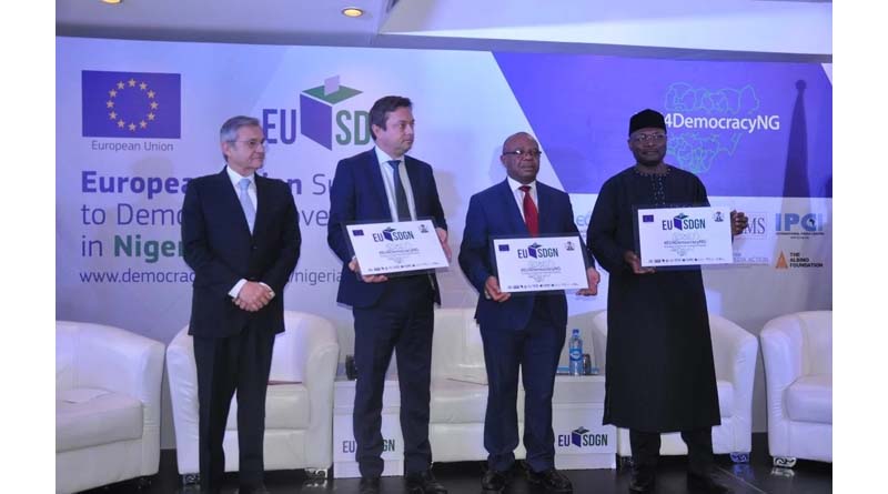 European Union Ambassador to Nigeria and ECOWAS Ketil Karlsen (second from left) and Mahmoud Yakubu, chairman of Nigeria’s Independent National Electoral Commission (fourth from left) at the launch of €26.5M-worth Support to Democratic Governance in Nigeria (EU-SDGN) programme Photo: EU-SDGN