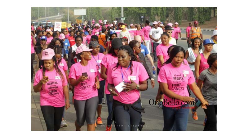 Anti-cancer campaigners during a previous cancer awareness walk by Project PINK BLUE in Abuja