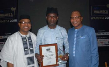 Adam Alqali, the awardee (centre); special guest of honour at the event, Mohammed Ibn Chambers, the Special Representative of the UN Secretary General and Head of United Nations Office for West Africa and the Sahel (Right) and Remi Ajibewa, Director of Political Affairs at the Economic Community of West African States (ECOWAS) shortly after the awards event in Accra, Ghana