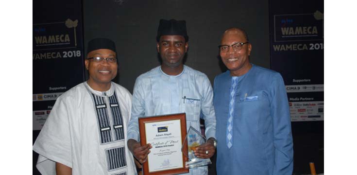 Adam Alqali, the awardee (centre); special guest of honour at the event, Mohammed Ibn Chambers, the Special Representative of the UN Secretary General and Head of United Nations Office for West Africa and the Sahel (Right) and Remi Ajibewa, Director of Political Affairs at the Economic Community of West African States (ECOWAS) shortly after the awards event in Accra, Ghana