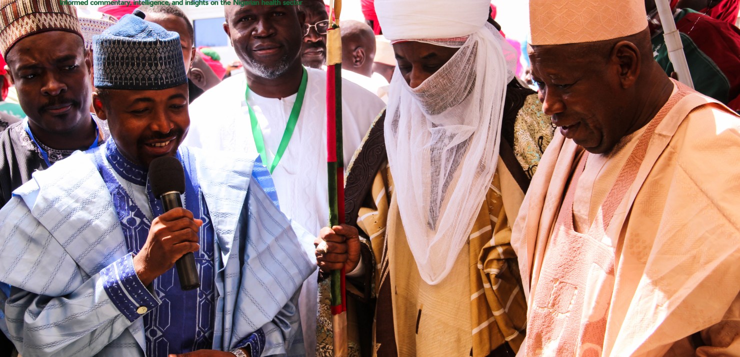 Kano State Commissioner for Health, Dr. Kabir Ibrahim leads the Emir of Kano, Muhammad Sanusi II, Kano State Governor, Ganduje Umar, SFH Nigeria Managing Director, Dr. Omokhudu Idogho and MNCH2 Project Director, Dr. Jebu Nyenwa to partner exhibition stands during the learning event. Photo credit: Nigeria Health Watch